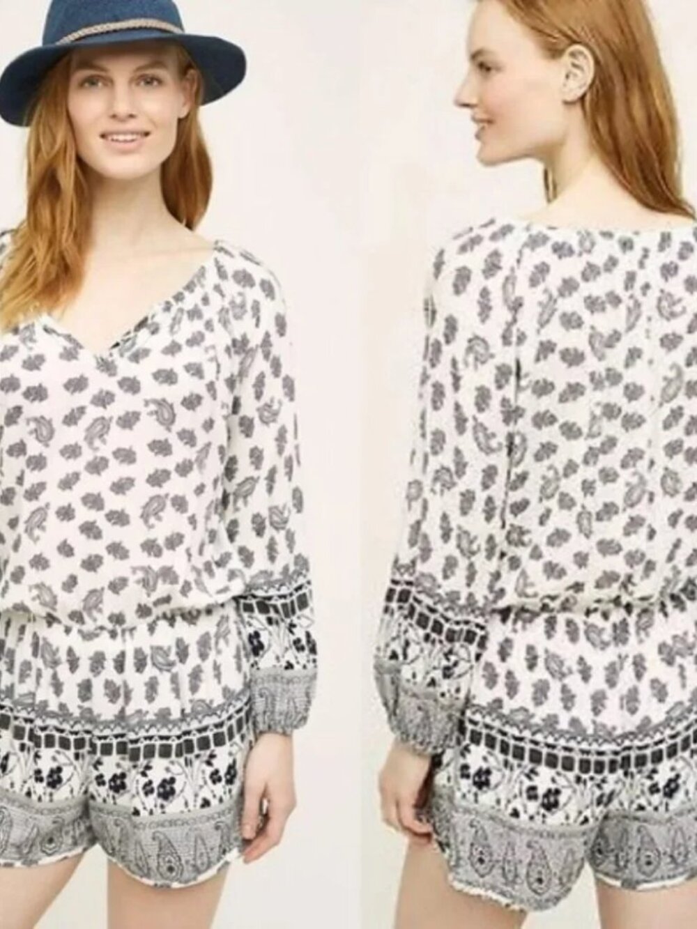 Anthropologie Lilka Apolima White and Black Medium Paisley Print Romper